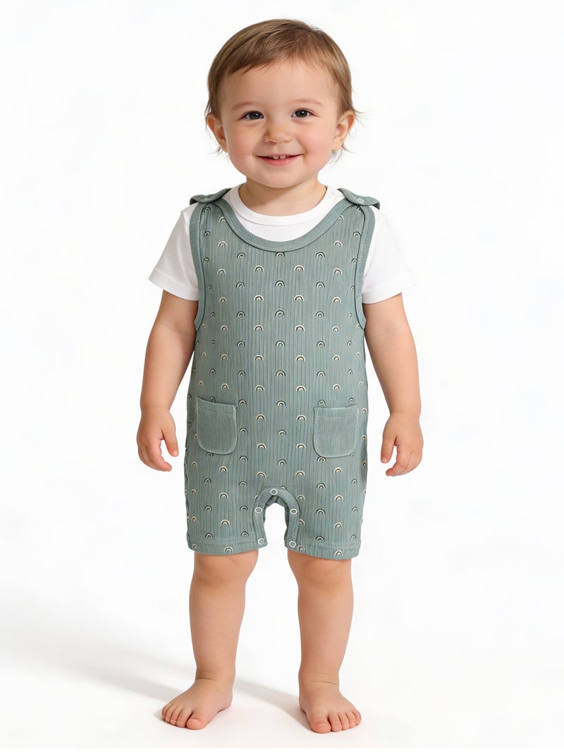 Babies Basic Ribbed Cotton Dungaree with Short Sleeves T-shirt - Image 1