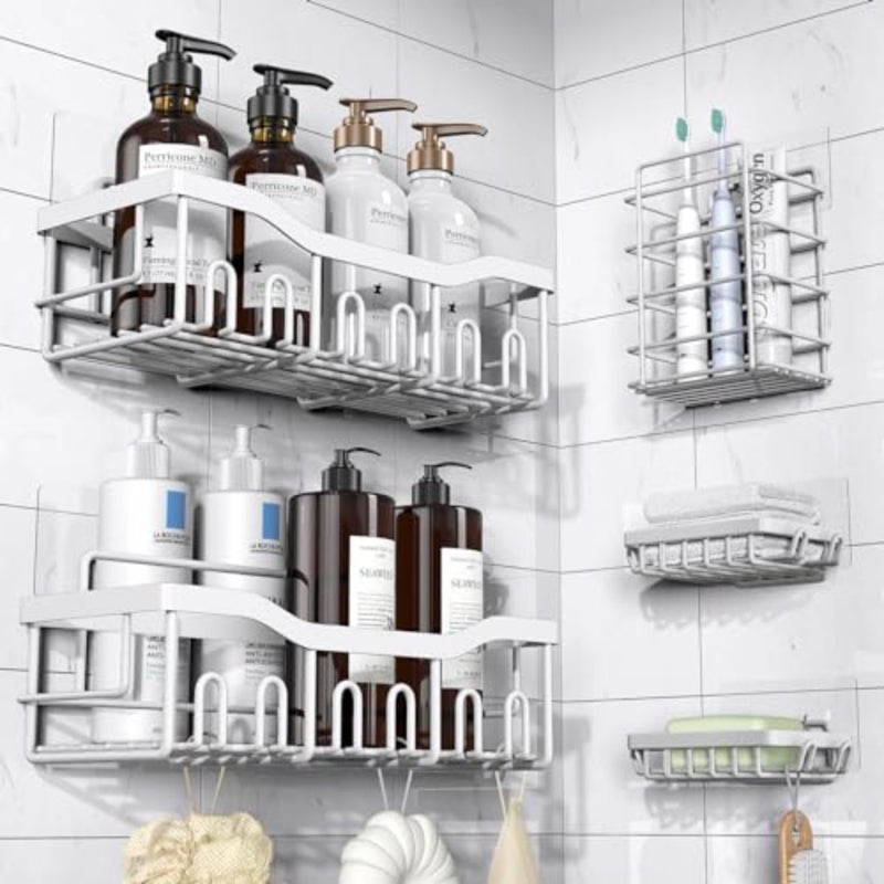Adhesive Shower Caddy, 5 Pack Rustproof Stainless Steel Bath Organizers With Large Capacity, No Drilling Shelves for Bathroom Storage and Home Decor