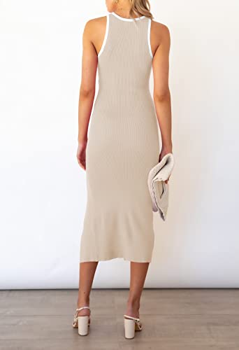 Pink Queen Women's Sexy Sleeveless Bodycon Dress Crew Neck Party Cocktail Ribbed Midi Dresses Apricot S - Image 5
