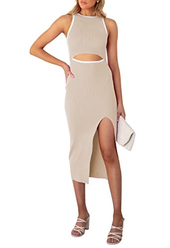 Pink Queen Women's Sexy Sleeveless Bodycon Dress Crew Neck Party Cocktail Ribbed Midi Dresses Apricot S - Image 1