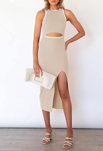 Pink Queen Women's Sexy Sleeveless Bodycon Dress Crew Neck Party Cocktail Ribbed Midi Dresses Apricot S - Image 2