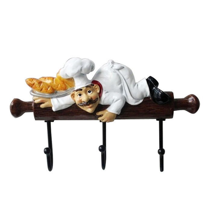 FAT CHEF DECOR CUTE HOME KITCHEN RESTAURANT BAKERY DECORATIVE CHEF WITH BREAD FIGURINE WALL HOOKS OVEN GLOVESHATCAPCOATAPRON WALL MOUNT RACK HOOK HANGER