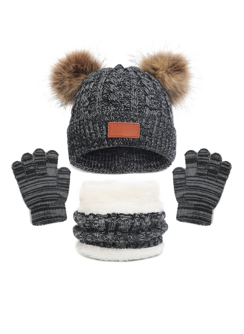 SYOSI Kids Winter Hat Gloves Scarf Set for 2-6 Years Old - Warm Knit Pompom Beanie Cap Neck Warmer Gloves Winter Warm Knitted Beanie Hat Scarf Gloves Set High Quality Pure Plush Black - Image 1