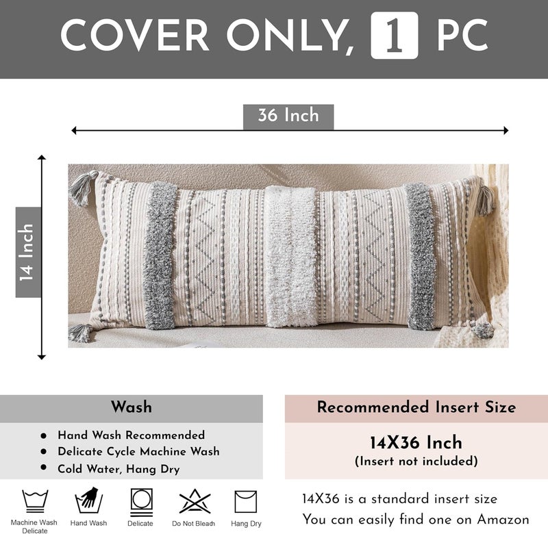 BlissBlush Gray Decorative Lumbar Throw Pillow Cover 14x36 Boho Long Cushion for Bed Neutral White Accent Farmhouse Pillowcase for Bedroom Living Room Couch Sofa Home Décor Cover ONLY, LW-8978 - Image 4