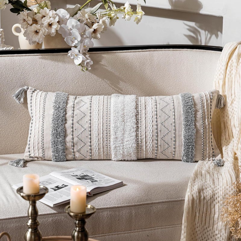 BlissBlush Gray Decorative Lumbar Throw Pillow Cover 14x36 Boho Long Cushion for Bed Neutral White Accent Farmhouse Pillowcase for Bedroom Living Room Couch Sofa Home Décor Cover ONLY, LW-8978 - Image 1