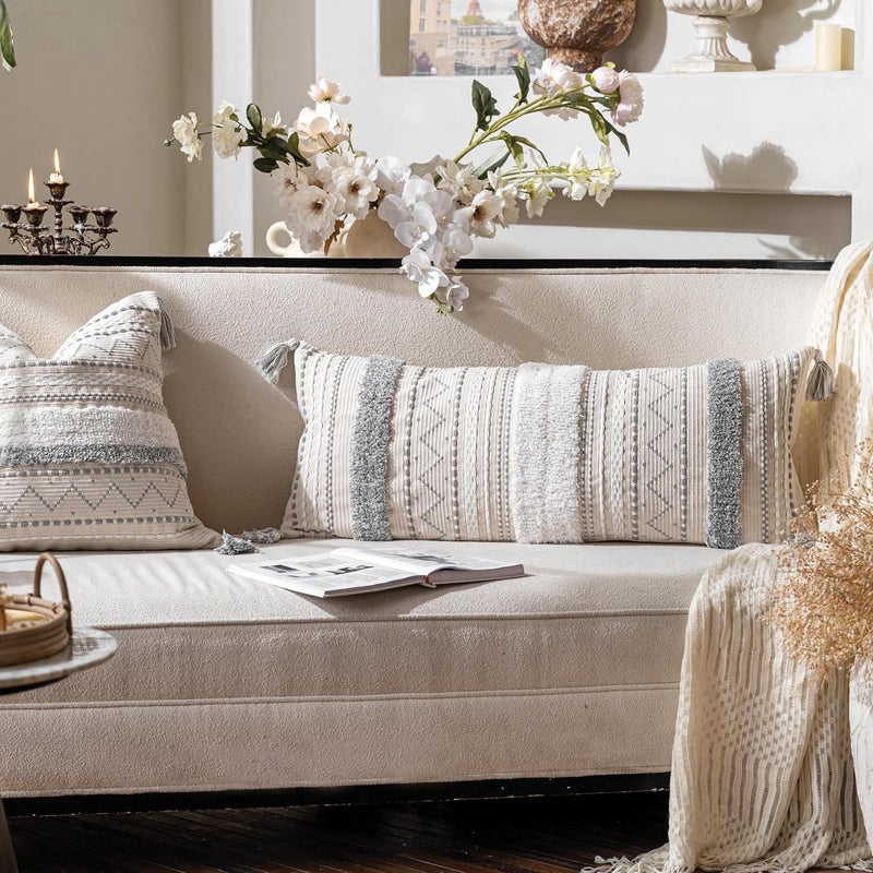 BlissBlush Gray Decorative Lumbar Throw Pillow Cover 14x36 Boho Long Cushion for Bed Neutral White Accent Farmhouse Pillowcase for Bedroom Living Room Couch Sofa Home Décor Cover ONLY, LW-8978 - Image 3