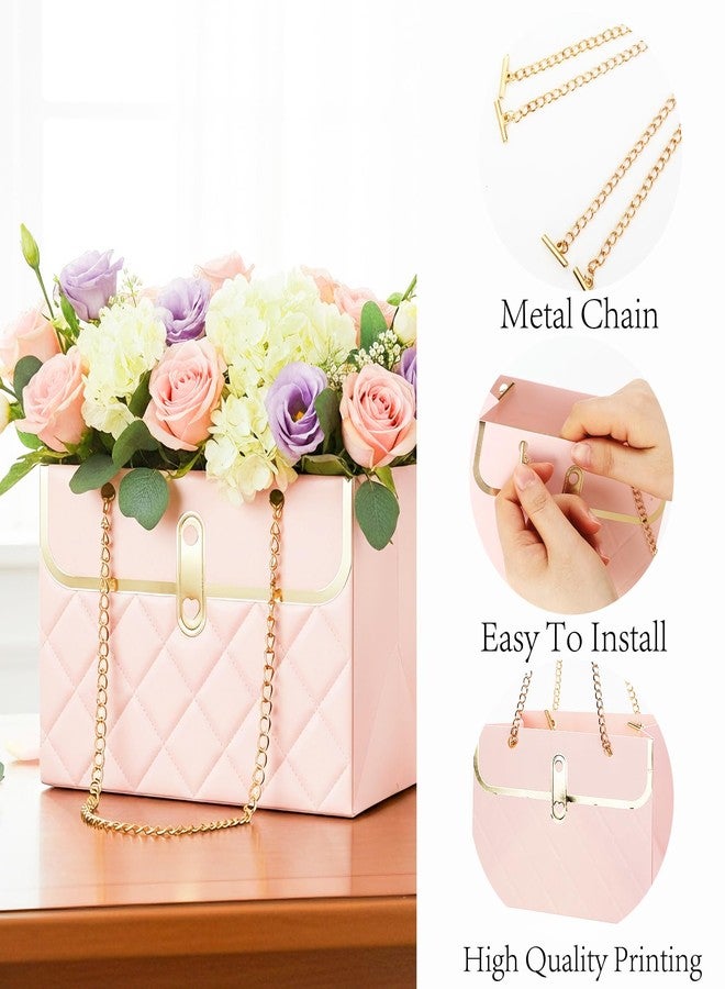 Libemskix Flower Paper Gift Box, 4PCS Bouquet Storage Bucket Paper Flower Handbag Boxes with Metal Chain Flower Bags for Bouquets Wedding Bridal Shower Valentine's Day Flower Arrangements Supplies, Pink & White - Image 5