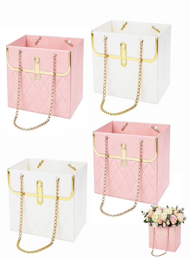 Libemskix Flower Paper Gift Box, 4PCS Bouquet Storage Bucket Paper Flower Handbag Boxes with Metal Chain Flower Bags for Bouquets Wedding Bridal Shower Valentine's Day Flower Arrangements Supplies, Pink & White - Image 1
