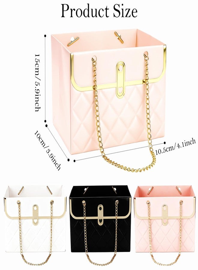 Libemskix Flower Paper Gift Box, 4PCS Bouquet Storage Bucket Paper Flower Handbag Boxes with Metal Chain Flower Bags for Bouquets Wedding Bridal Shower Valentine's Day Flower Arrangements Supplies, Pink & White - Image 3