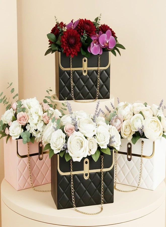 Libemskix Flower Paper Gift Box, 4PCS Bouquet Storage Bucket Paper Flower Handbag Boxes with Metal Chain Flower Bags for Bouquets Wedding Bridal Shower Valentine's Day Flower Arrangements Supplies, Pink & White - Image 4
