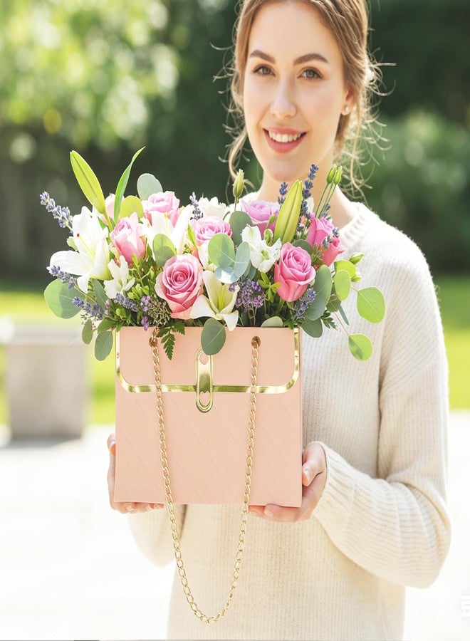 Libemskix Flower Paper Gift Box, 4PCS Bouquet Storage Bucket Paper Flower Handbag Boxes with Metal Chain Flower Bags for Bouquets Wedding Bridal Shower Valentine's Day Flower Arrangements Supplies, Pink & White - Image 2