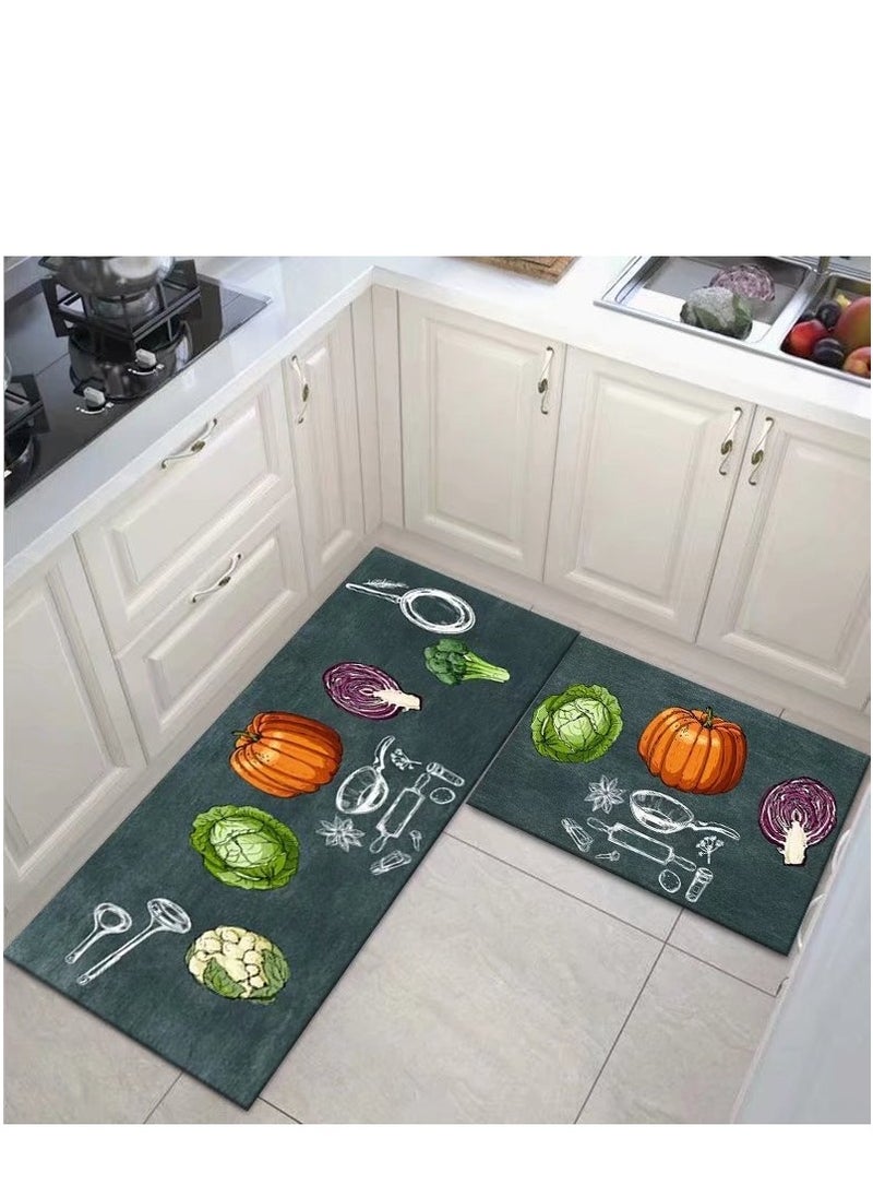 LESTER LESTER Oil-Proof Non-Slip Kitchen Mat Super Absorbent kitchen Carpet Quick Drying, Kitchen Rug, Non-Slip Entrance Doormat, Diatom leather Floor Mats Home Decor Set Vegetables Design Dark Grey 40X60x40X120cm  - Image 1