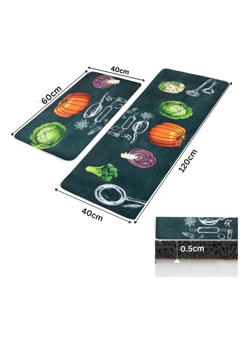 LESTER LESTER Oil-Proof Non-Slip Kitchen Mat Super Absorbent kitchen Carpet Quick Drying, Kitchen Rug, Non-Slip Entrance Doormat, Diatom leather Floor Mats Home Decor Set Vegetables Design Dark Grey 40X60x40X120cm  - Image 2