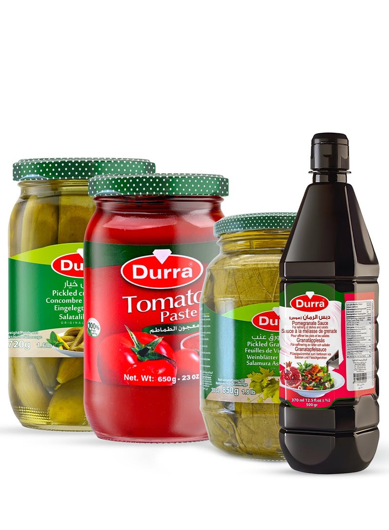 DURRA (Pickled Grape Leaves 850g - Tomato Paste 650g - Pomegranate Sauce 500g - Pickled Cucumber 720g) - Image 1