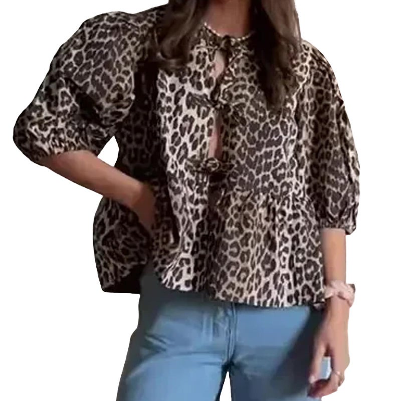 MANGMAO Tie Front Tops Women Y2k Leopard Print Peplum Babydoll Top 3/4 Length Puff Sleeve Coquette Tops Cute Going Out Tops - Image 1