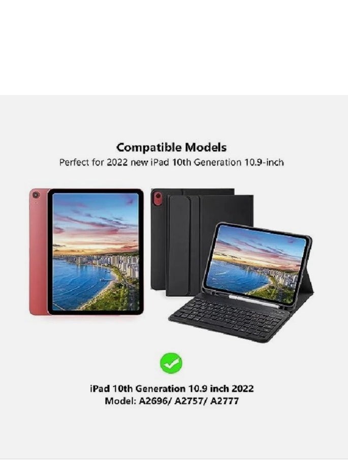 حافظة لوحة مفاتيح لجهاز iPad الجيل العاشر مقاس 10.9 بوصة 2022، غطاء لجهاز iPad الجيل العاشر مزود بلوحة مفاتيح بلوتوث، غطاء لوحة مفاتيح مع حامل قلم لجهاز iPad الجيل العاشر (A2696/A2757/A2777)