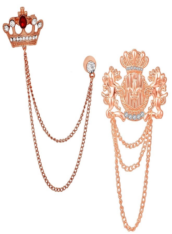 Mahi Rose Gold Plated Combo of Crown and Unicorn Chain Brooch with Crystals CO1105082Z - Image 2