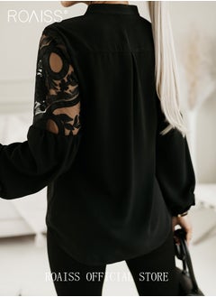 roaiss Fashion Lace Hollow Splicing Shirt Women'S Versatile Stand Collar Button Closure Daily Commuting Long Sleeve Top  - Image 2