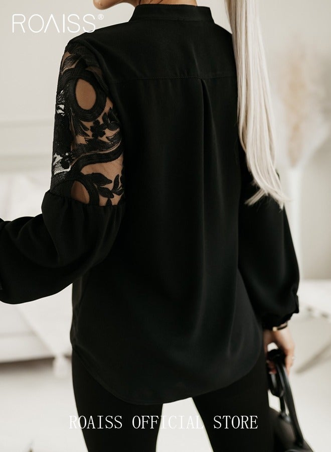 roaiss Fashion Lace Hollow Splicing Shirt Women'S Versatile Stand Collar Button Closure Daily Commuting Long Sleeve Top  - Image 2