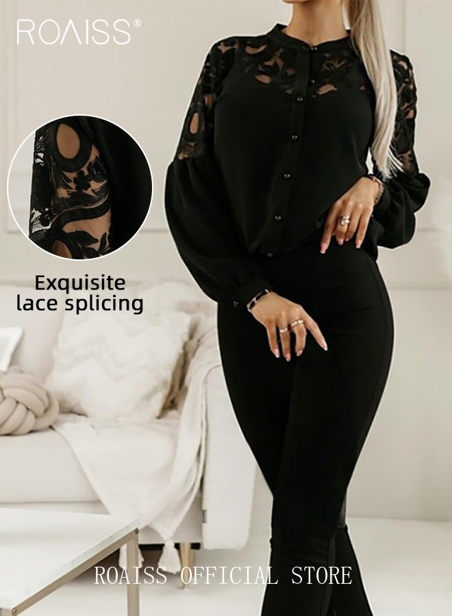 roaiss Fashion Lace Hollow Splicing Shirt Women'S Versatile Stand Collar Button Closure Daily Commuting Long Sleeve Top  - Image 3