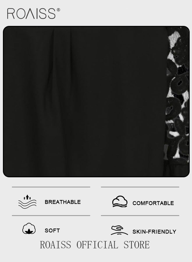 roaiss Fashion Lace Hollow Splicing Shirt Women'S Versatile Stand Collar Button Closure Daily Commuting Long Sleeve Top  - Image 4