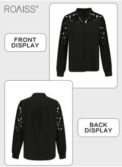 roaiss Fashion Lace Hollow Splicing Shirt Women'S Versatile Stand Collar Button Closure Daily Commuting Long Sleeve Top  - Image 5
