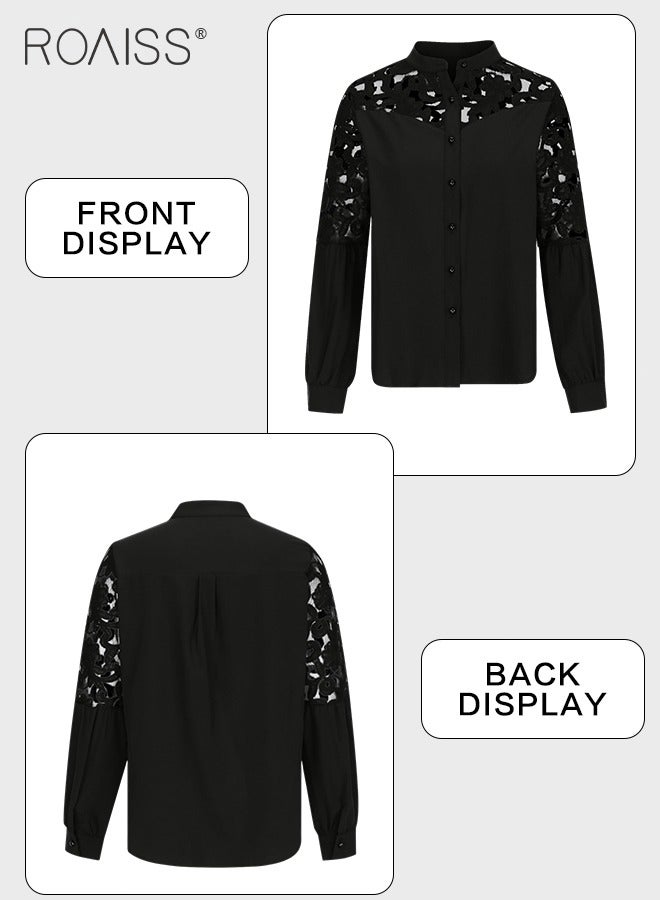 roaiss Fashion Lace Hollow Splicing Shirt Women'S Versatile Stand Collar Button Closure Daily Commuting Long Sleeve Top  - Image 5