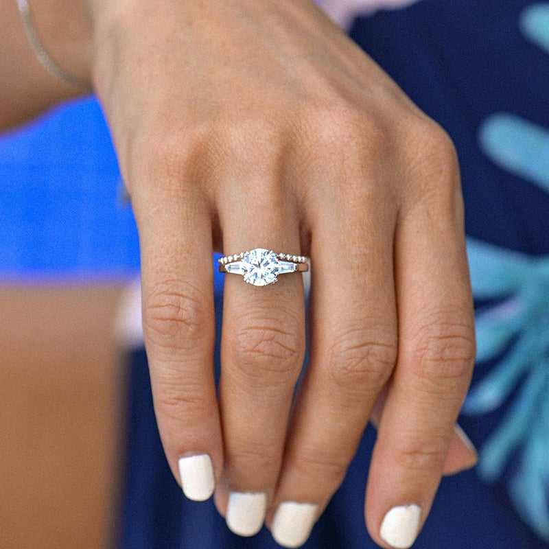espere Sterling Silver 2 Carat CZ Baguette Round Solitaire Engagement Ring Bridal Wedding Jewelry - Image 4