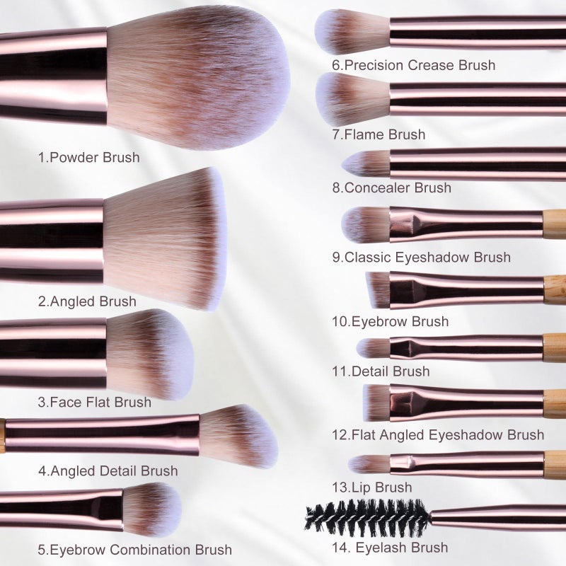 BS Mall BS-MALL 14 Pcs Makeup Brushes Set with 1 Pcs Makeup Sponge â€“ Essential Foundation Powder Concealers, Eye Shadows, Blush Makeup Brushes with Travel Makeup Case (Bamboo) - Image 3