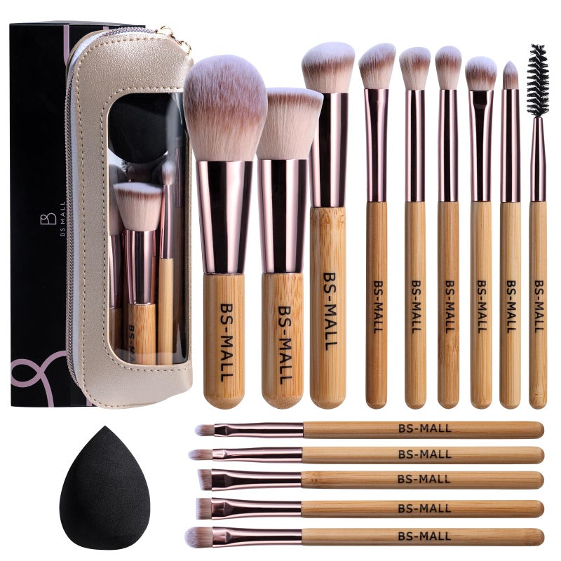 BS Mall BS-MALL 14 Pcs Makeup Brushes Set with 1 Pcs Makeup Sponge â€“ Essential Foundation Powder Concealers, Eye Shadows, Blush Makeup Brushes with Travel Makeup Case (Bamboo) - Image 1