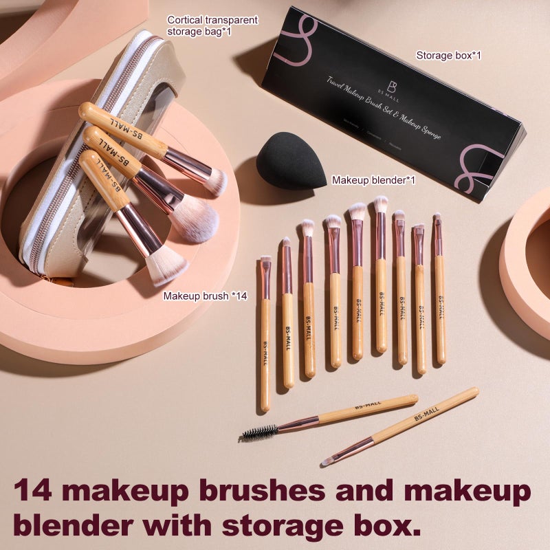 BS Mall BS-MALL 14 Pcs Makeup Brushes Set with 1 Pcs Makeup Sponge â€“ Essential Foundation Powder Concealers, Eye Shadows, Blush Makeup Brushes with Travel Makeup Case (Bamboo) - Image 2