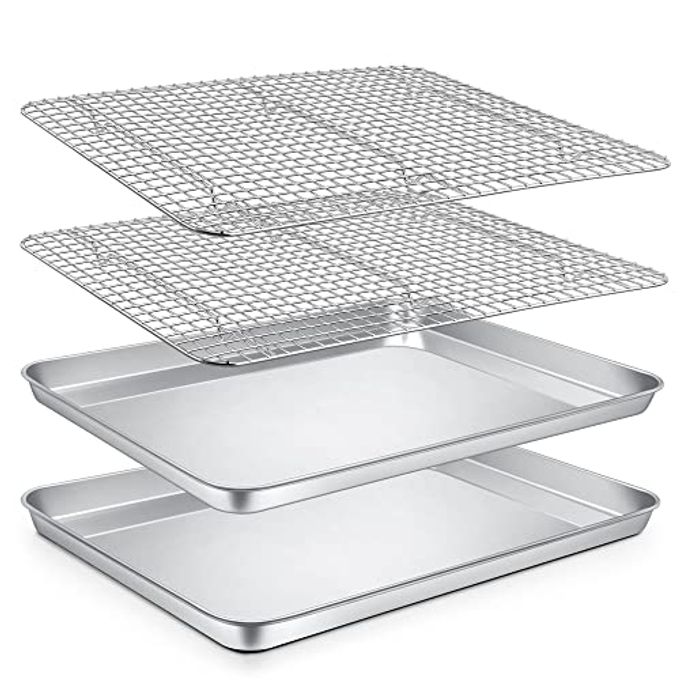 P&P CHEF 16 Inch Baking Sheet and Rack Set, Stainless Steel Cookie Sheets Oven Baking Pans Trays with Cooling Racks for Cooking & Roasting, Oven & Dishwasher Safe, (4Pcs)