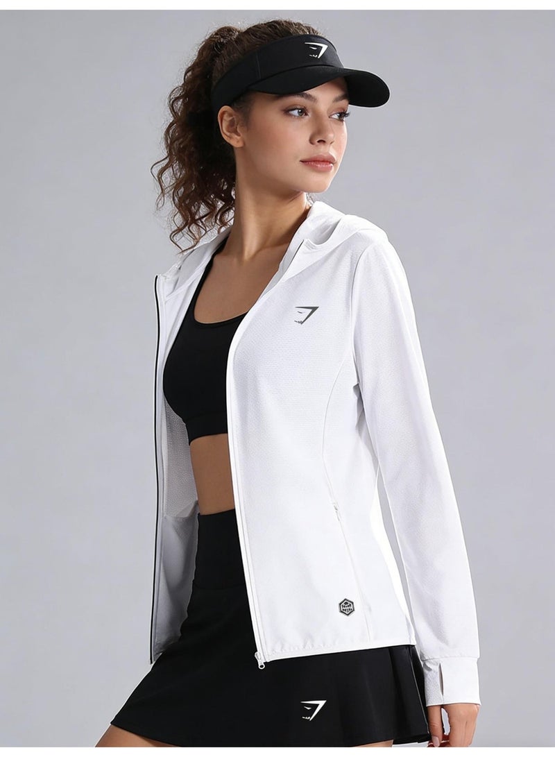 Gymshark UPF 50+ sunscreen clothing for men and women, outdoor lightweight full zipper hoodie coat, comfortable and breathable long-sleeved coat with thumb hole, suitable for daily wear, sports training, running, hiking, fishing, mountain climbing or other outdoor activities. - Image 5