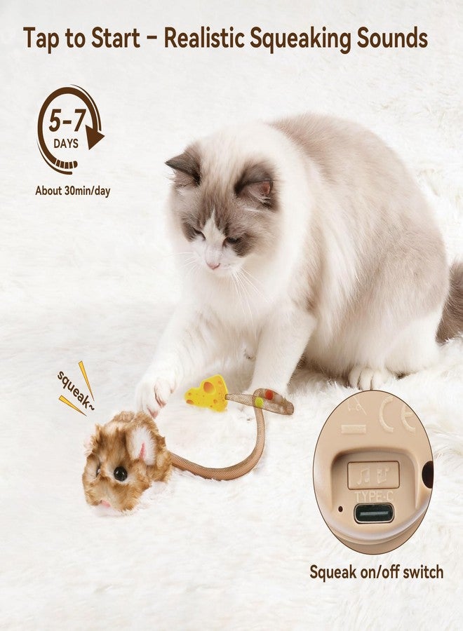 Migipaws Interactive MigiMouse Cat Toy 360° Rolling & Spin with Wiggling Tail for Indoor Cats Smart Motion Sensor, Realistic Squeak, Rechargeable Plush Kitten Toy(Brown Long) - Image 3