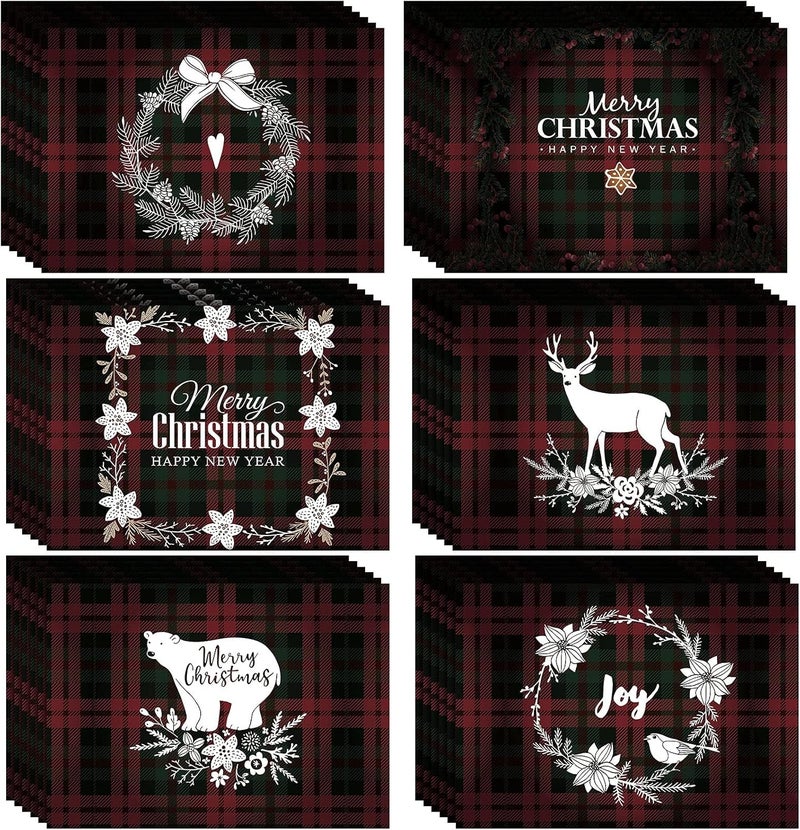 كلاراكو مفارش طاولة من 36 قطعة من مفارش المائدة ذات المربعات الحمراء والخضراء بتصميم عيد الميلاد، مفارش طاولة ورقية للاستخدام مرة واحدة لعيد الميلاد، مفارش طاولة لعيد الميلاد المجيد، زينة طاولة عيد الميلاد - Image 1