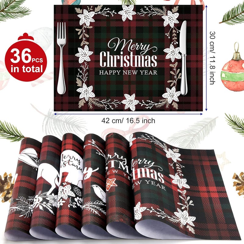 كلاراكو مفارش طاولة من 36 قطعة من مفارش المائدة ذات المربعات الحمراء والخضراء بتصميم عيد الميلاد، مفارش طاولة ورقية للاستخدام مرة واحدة لعيد الميلاد، مفارش طاولة لعيد الميلاد المجيد، زينة طاولة عيد الميلاد - Image 2