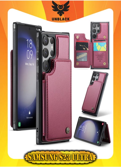 Wallet Case for Samsung Galaxy S23 Ultra, Premium Handmade Durable PU Leather Slim Shockproof Case with [Double Magnetic Clasp] [Card Holder] [Kickstand] [RFID Blocking] (Red)