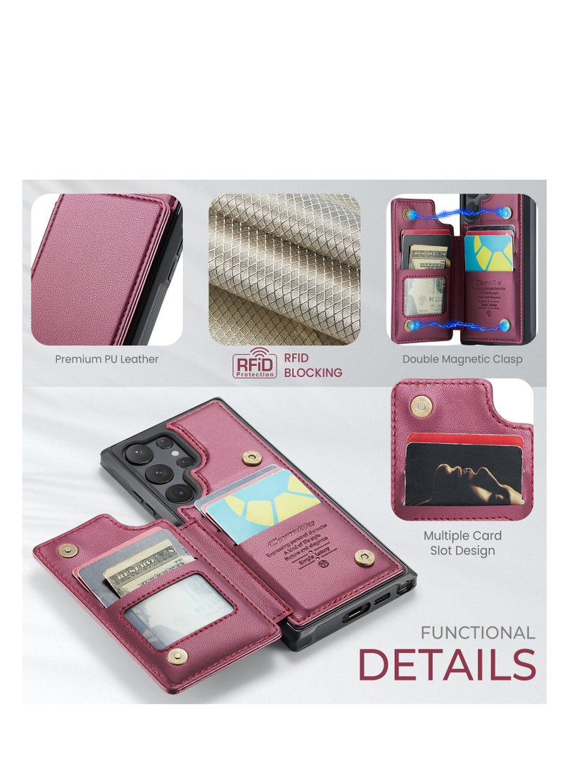 CaseMe - Wallet Case for Samsung Galaxy S23 Ultra, Premium Handmade Durable PU Leather Slim Shockproof Case with [Double Magnetic Clasp] [Card Holder] [Kickstand] [RFID Blocking] (Red) - Image 1