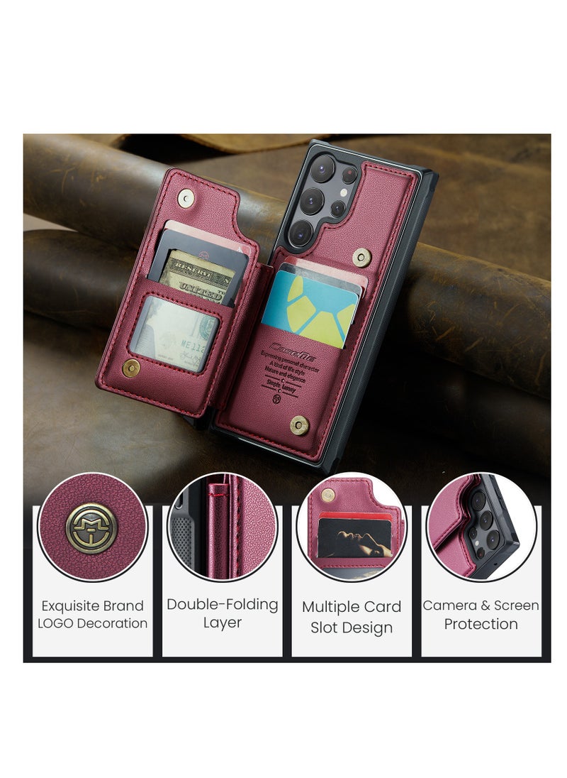 CaseMe - Wallet Case for Samsung Galaxy S23 Ultra, Premium Handmade Durable PU Leather Slim Shockproof Case with [Double Magnetic Clasp] [Card Holder] [Kickstand] [RFID Blocking] (Red) - Image 1