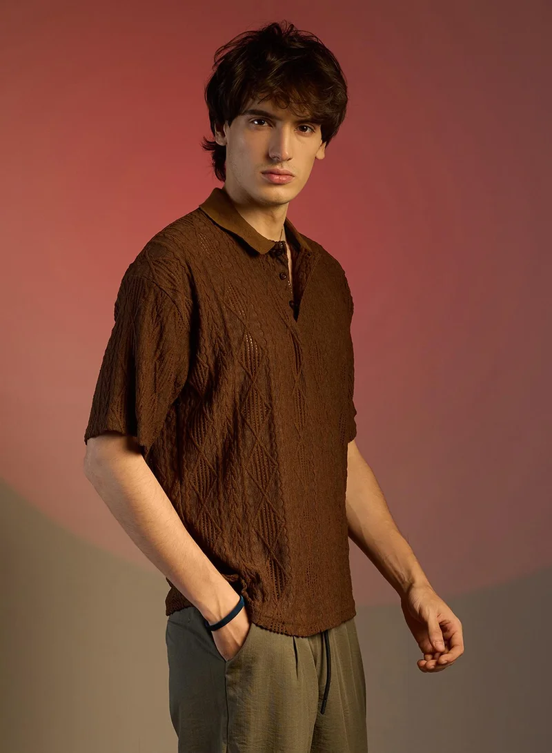 Campus Sutra Men's Chocolate Brown Argyle Oversized T-Shirt
