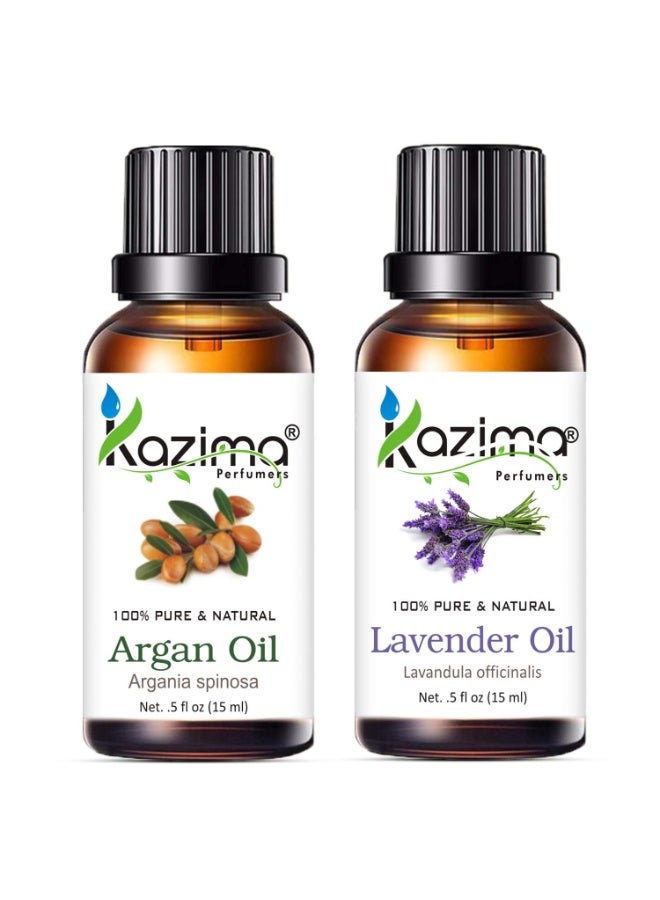KAZIMA Combo of Moroccan Argan Carrier Oil and Lavender Essential Oil 100% Pure & Natural Oil for Acne Scalp Nourishment Skin Moisturizing Hair Growth & Aromatherapy - Image 1