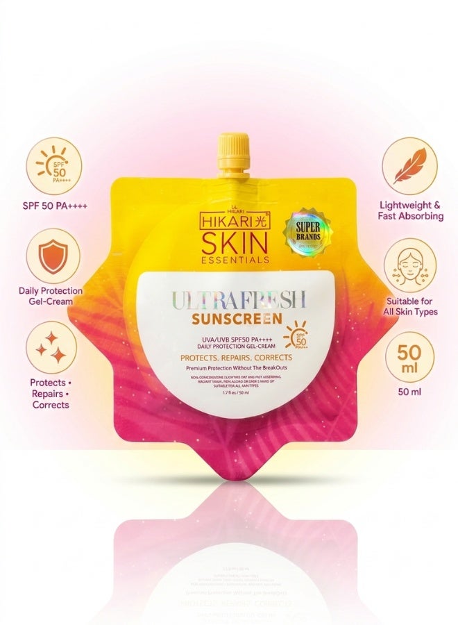 Skin Essentials Ultra Fresh Sunscreen SPF 50 PA++++ 50 ml Face Sunscreen Cream UV Protection Moisturizing Brightening Skin Care