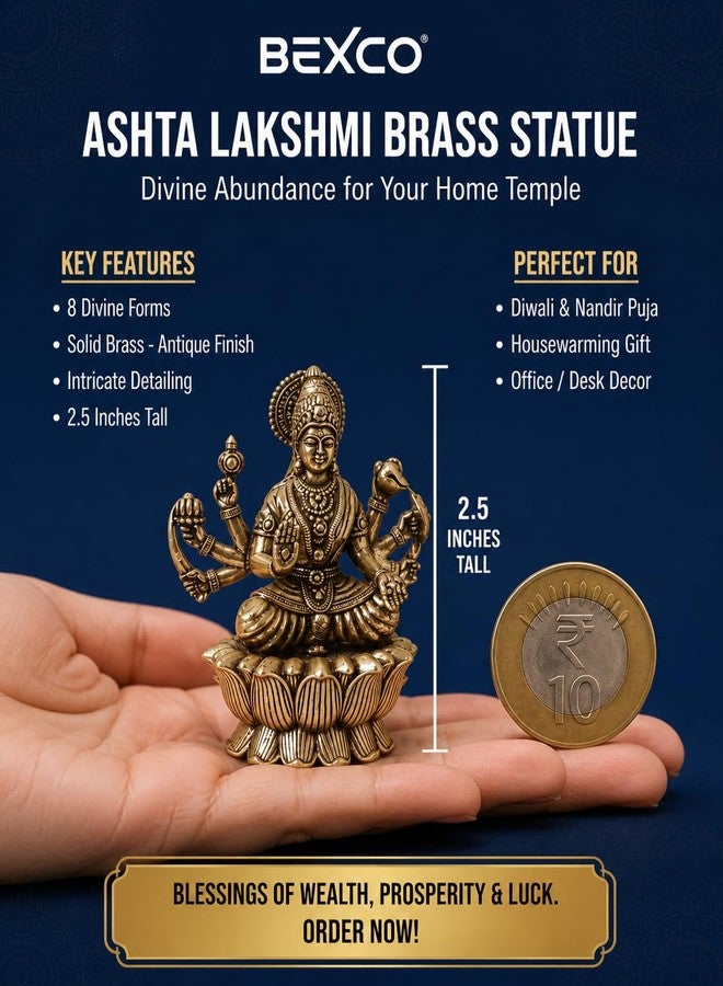 BEXCO Ashta Lakshmi Brass Statue, Hindu Goddess on Lotus Throne, 2.5 inches Puja Idol for Home Temple Hindu Religious Idol for Mandir Pooja, Diwali - Image 3