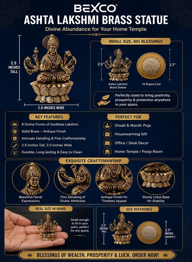 BEXCO Ashta Lakshmi Brass Statue, Hindu Goddess on Lotus Throne, 2.5 inches Puja Idol for Home Temple Hindu Religious Idol for Mandir Pooja, Diwali - Image 2