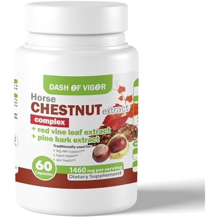 DASH OF VIGOR DOFV Dash of Vigor 12-in-1 Horse Chestnut Extract Complex, Red Vine Leaf Extract Supplement, Pine Bark, Turmeric, Hawthorn Berry, Ginger, Cayenne Pepper, Chamomile, 1460 mg, 60 Capsules - Image 1