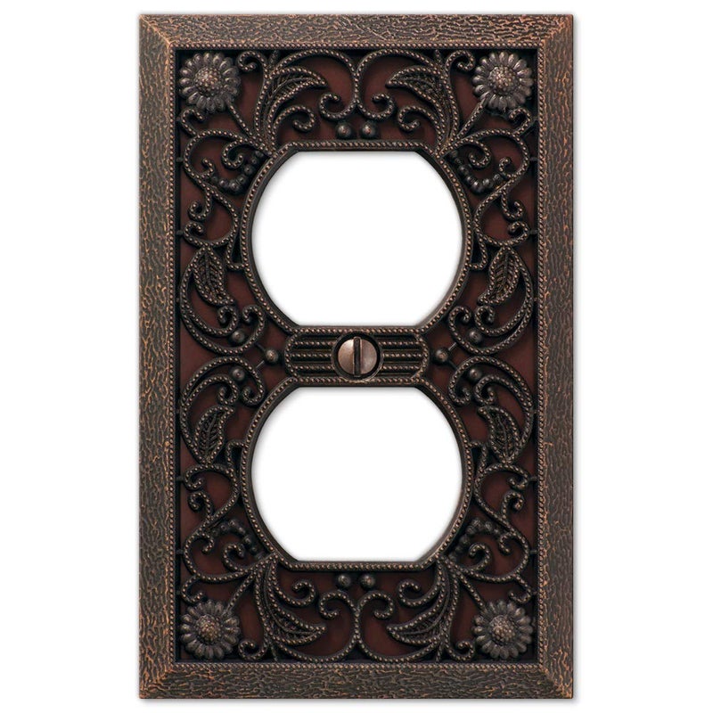 Amerelle 65DDB Filigree Wallplate, 1 Duplex Outlet, Cast Metal, Aged Bronze, 1-Pack - Image 1