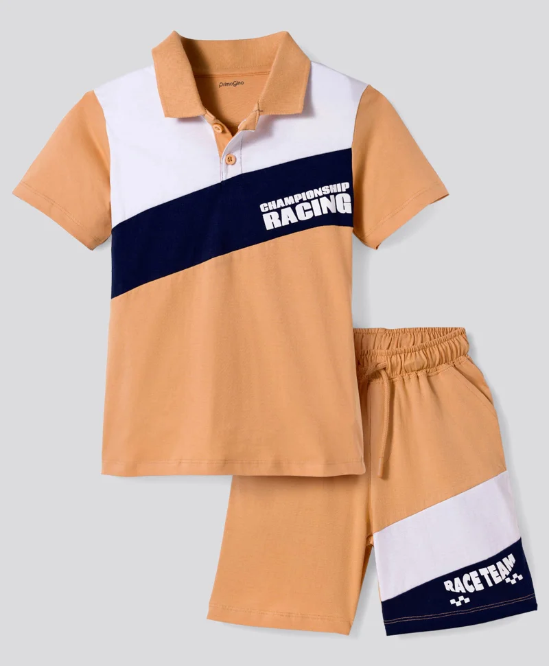 Primo Gino Primo Gino 100% Cotton Color Block Racing Theme Printed Half Sleeves Polo T-Shirt & Cargo Shorts Set - Beige/Navy Blue/White