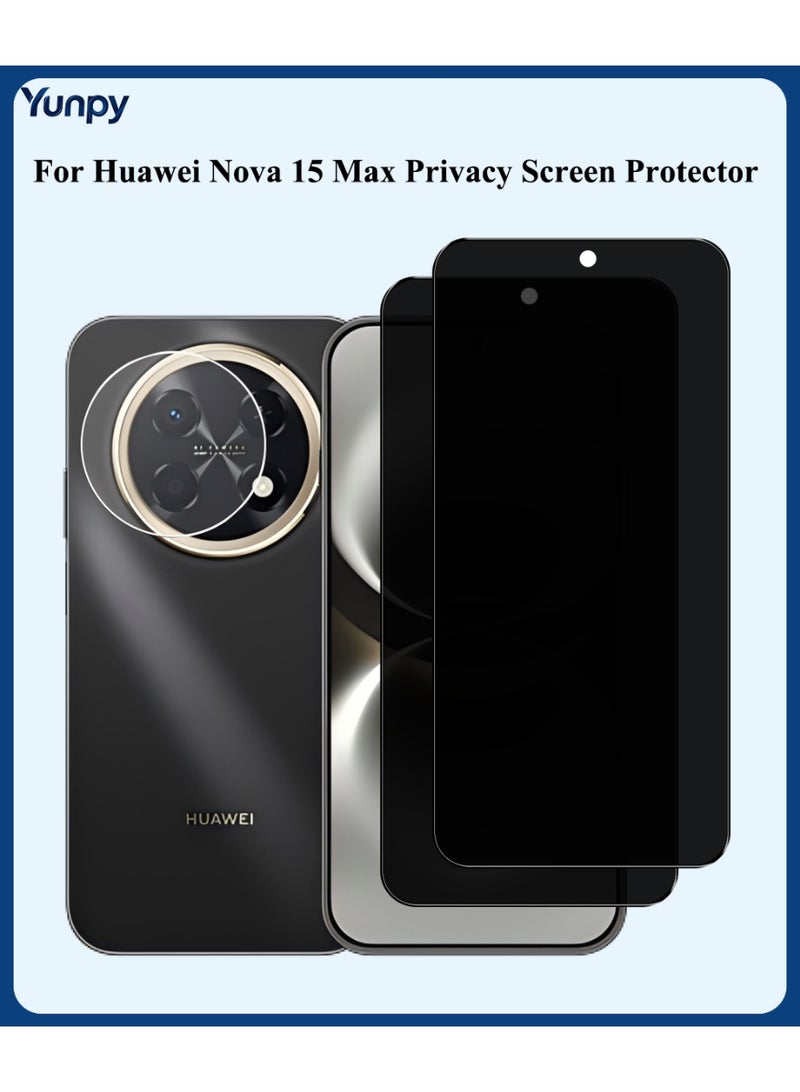 Yunpy [2+1 Packs] for Huawei Nova 15 Max Privacy Tempered Glass Screen Protector with Camera Lens Film, Including 2 Pack Front Privacy Glass and 1 Pack Camera Lens Film, 9H Hardness HD Clear Anti-Scratch Anti-Fingerprint Bubble-Free Case Friendly Screen Protector - Image 1