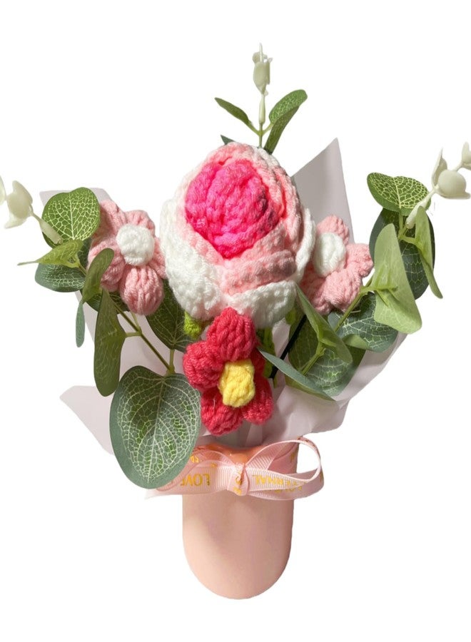 Aiouclay Handmade Crochet Flower Bouquet - Knitted Rose Bucket Arrangement for Mother's Day, Birthday Gift & Home Decor (Pink, with Gift Bag) - Image 1