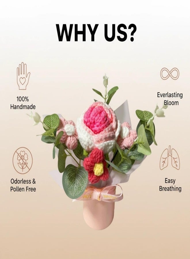 Aiouclay Handmade Crochet Flower Bouquet - Knitted Rose Bucket Arrangement for Mother's Day, Birthday Gift & Home Decor (Pink, with Gift Bag) - Image 2